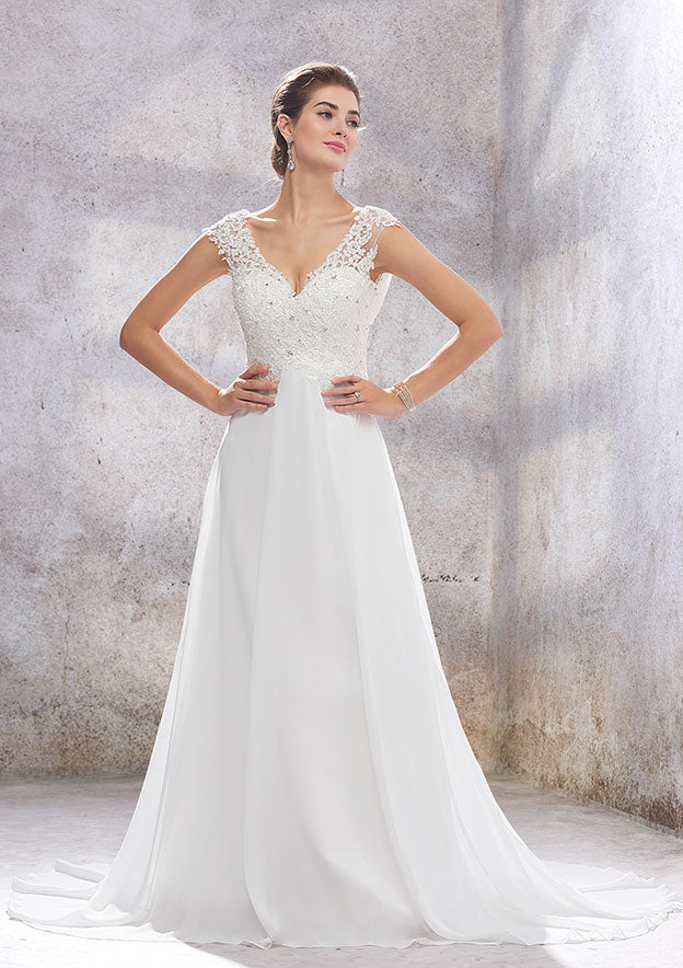 Chic A-Line Empire V-Neck Sleeveless Wedding Dress with Sweep Train in Chiffon, Featuring Beading, Sequins, and Appliqueds BM bride