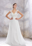 Chic A-Line Empire V-Neck Sleeveless Wedding Dress with Sweep Train in Chiffon, Featuring Beading, Sequins, and Appliqueds BM bride