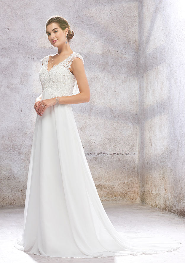 Chic A-Line Empire V-Neck Sleeveless Wedding Dress with Sweep Train in Chiffon, Featuring Beading, Sequins, and Appliqueds BM bride