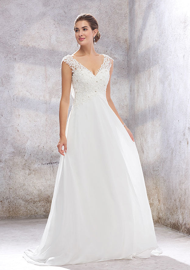 Chic A-Line Empire V-Neck Sleeveless Wedding Dress with Sweep Train in Chiffon, Featuring Beading, Sequins, and Appliqueds BM bride