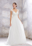 Chic A-Line Empire V-Neck Sleeveless Wedding Dress with Sweep Train in Chiffon, Featuring Beading, Sequins, and Appliqueds BM bride