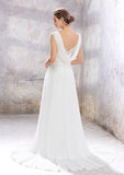 Chic A-Line Empire V-Neck Sleeveless Wedding Dress with Sweep Train in Chiffon, Featuring Beading, Sequins, and Appliqueds BM bride