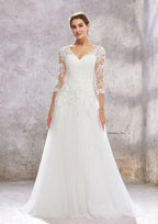 Classic Princess A-Line V-Neck Wedding Dress with 3/4 Sleeves and Sweep Train in Tulle and Lace BM bride