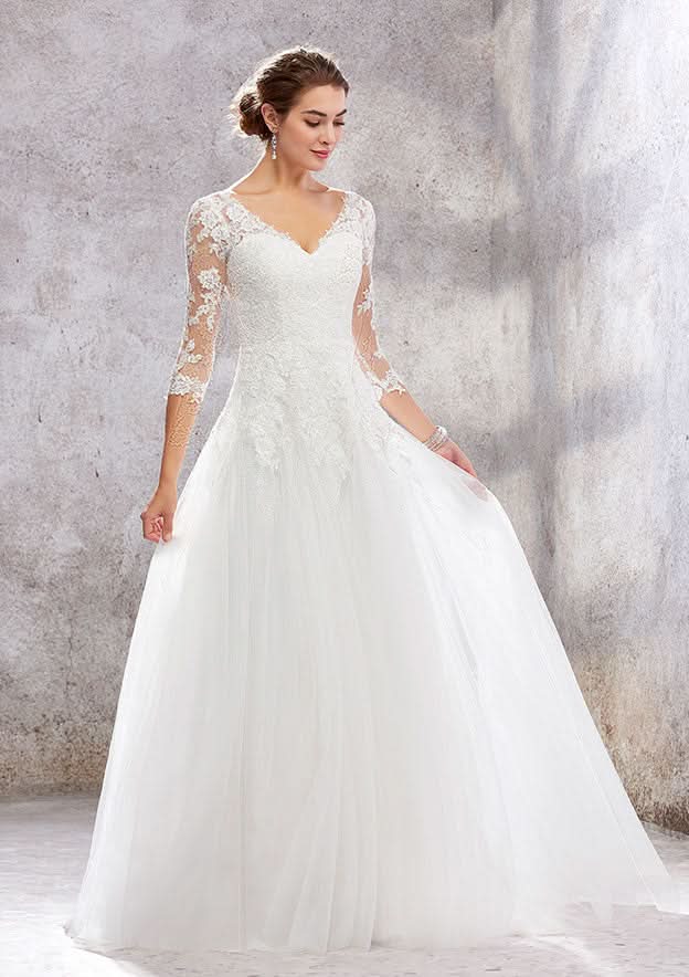 Classic Princess A-Line V-Neck Wedding Dress with 3/4 Sleeves and Sweep Train in Tulle and Lace BM bride