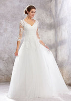 Classic Princess A-Line V-Neck Wedding Dress with 3/4 Sleeves and Sweep Train in Tulle and Lace BM bride