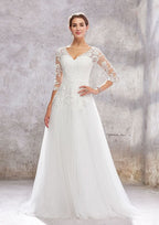 Classic Princess A-Line V-Neck Wedding Dress with 3/4 Sleeves and Sweep Train in Tulle and Lace BM bride
