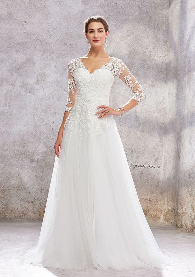 Classic Princess A-Line V-Neck Wedding Dress with 3/4 Sleeves and Sweep Train in Tulle and Lace BM bride