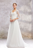 Classic Princess A-Line V-Neck Wedding Dress with 3/4 Sleeves and Sweep Train in Tulle and Lace BM bride