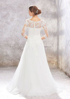 Classic Princess A-Line V-Neck Wedding Dress with 3/4 Sleeves and Sweep Train in Tulle and Lace BM bride