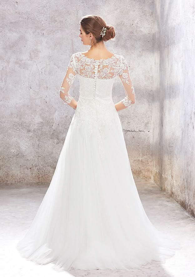 Classic Princess A-Line V-Neck Wedding Dress with 3/4 Sleeves and Sweep Train in Tulle and Lace BM bride