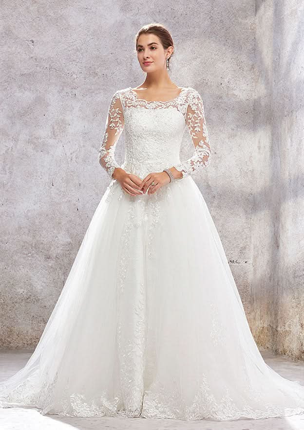 Stunning Ball Gown Princess A-Line Scoop Neck Full Long Sleeve Court Train Lace Tulle Wedding Dress with Beading Sequins BM bride