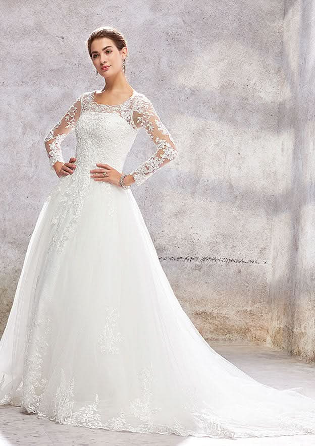 Stunning Ball Gown Princess A-Line Scoop Neck Full Long Sleeve Court Train Lace Tulle Wedding Dress with Beading Sequins BM bride