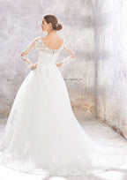 Stunning Ball Gown Princess A-Line Scoop Neck Full Long Sleeve Court Train Lace Tulle Wedding Dress with Beading Sequins BM bride