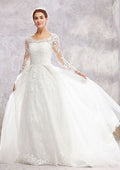 Stunning Ball Gown Princess A-Line Scoop Neck Full Long Sleeve Court Train Lace Tulle Wedding Dress with Beading Sequins BM bride