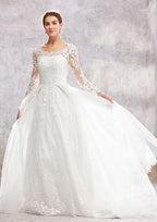 Stunning Ball Gown Princess A-Line Scoop Neck Full Long Sleeve Court Train Lace Tulle Wedding Dress with Beading Sequins BM bride