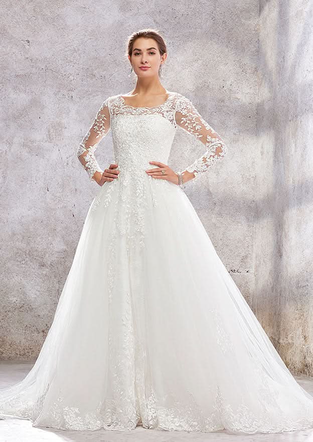 Stunning Ball Gown Princess A-Line Scoop Neck Full Long Sleeve Court Train Lace Tulle Wedding Dress with Beading Sequins BM bride