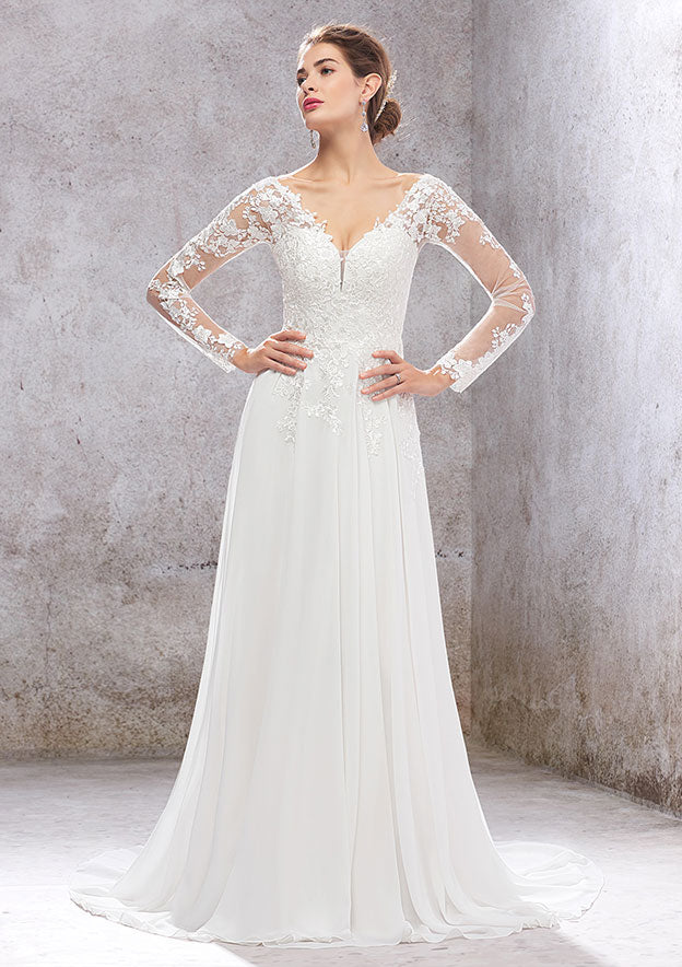 Elegant A-Line V-Neck Full Sleeves Lace Chiffon Court Train Wedding Dress with Sequins BM bride