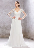 Elegant A-Line V-Neck Full Sleeves Lace Chiffon Court Train Wedding Dress with Sequins BM bride