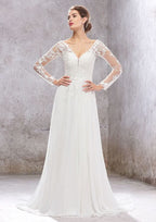 Elegant A-Line V-Neck Full Sleeves Lace Chiffon Court Train Wedding Dress with Sequins BM bride
