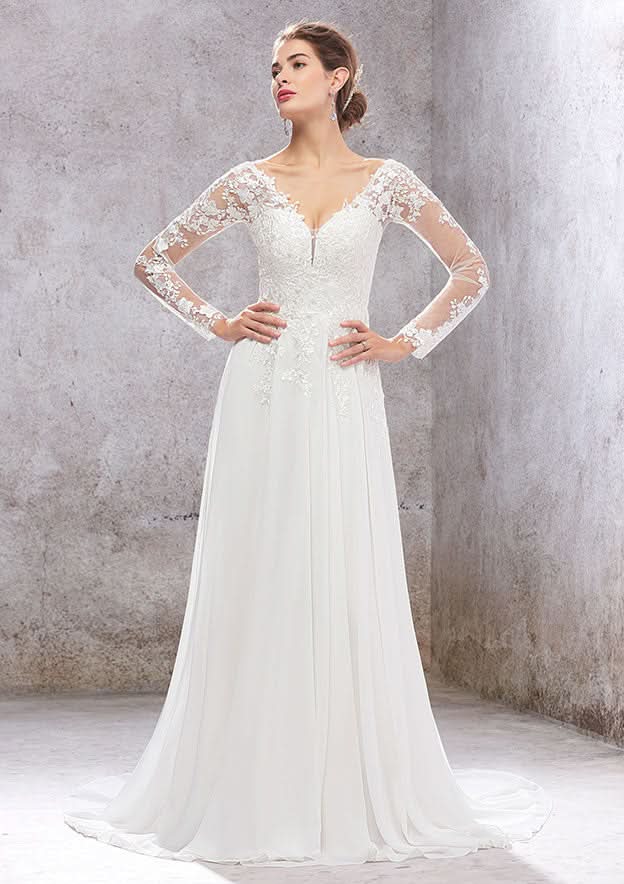Elegant A-Line V-Neck Full Sleeves Lace Chiffon Court Train Wedding Dress with Sequins BM bride