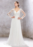 Elegant A-Line V-Neck Full Sleeves Lace Chiffon Court Train Wedding Dress with Sequins BM bride