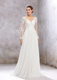 Elegant A-Line V-Neck Full Sleeves Lace Chiffon Court Train Wedding Dress with Sequins BM bride