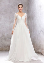 Elegant A-Line V-Neck Full Sleeves Lace Chiffon Court Train Wedding Dress with Sequins BM bride
