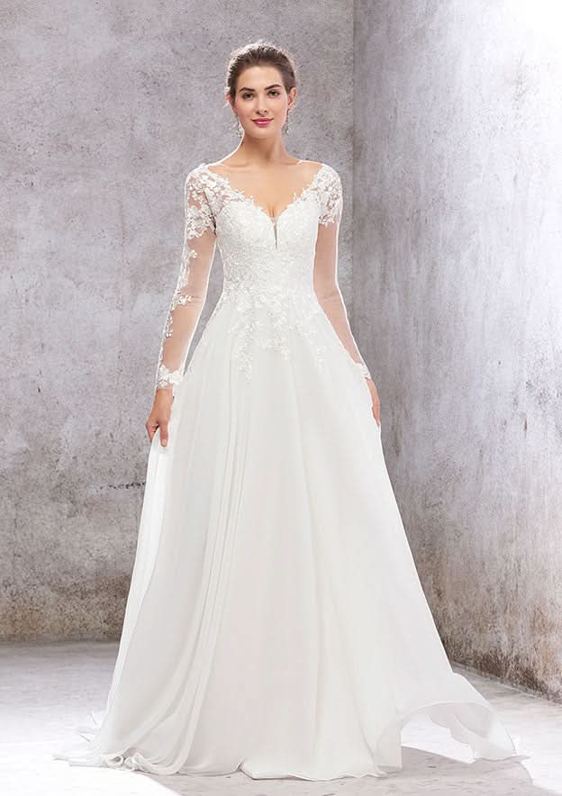 Elegant A-Line V-Neck Full Sleeves Lace Chiffon Court Train Wedding Dress with Sequins BM bride
