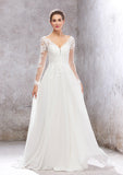 Elegant A-Line V-Neck Full Sleeves Lace Chiffon Court Train Wedding Dress with Sequins BM bride