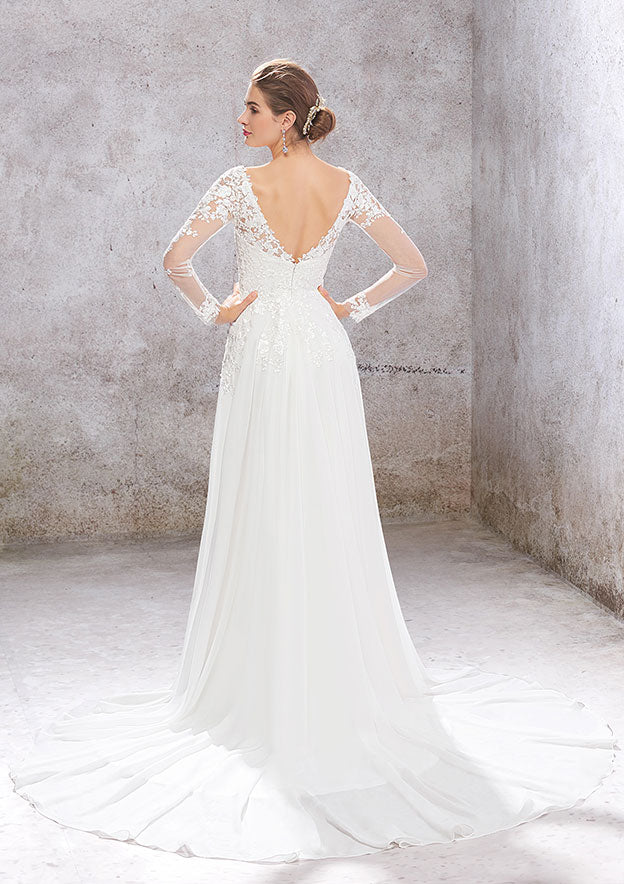 Elegant A-Line V-Neck Full Sleeves Lace Chiffon Court Train Wedding Dress with Sequins BM bride