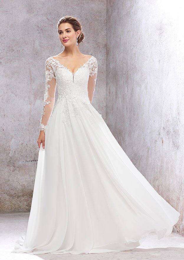 Elegant A-Line V-Neck Full Sleeves Lace Chiffon Court Train Wedding Dress with Sequins BM bride