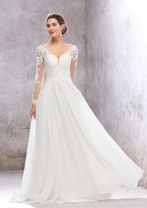 Elegant A-Line V-Neck Full Sleeves Lace Chiffon Court Train Wedding Dress with Sequins BM bride