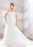 Elegant Princess Ball Gown Tulle Wedding Dress with Off-the-Shoulder Neckline and Ruffled Waistband BM bride
