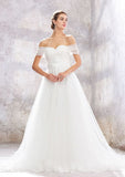 Elegant Princess Ball Gown Tulle Wedding Dress with Off-the-Shoulder Neckline and Ruffled Waistband BM bride