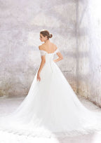 Elegant Princess Ball Gown Tulle Wedding Dress with Off-the-Shoulder Neckline and Ruffled Waistband BM bride