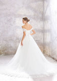 Elegant Princess Ball Gown Tulle Wedding Dress with Off-the-Shoulder Neckline and Ruffled Waistband BM bride