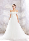 Elegant Princess Ball Gown Tulle Wedding Dress with Off-the-Shoulder Neckline and Ruffled Waistband BM bride