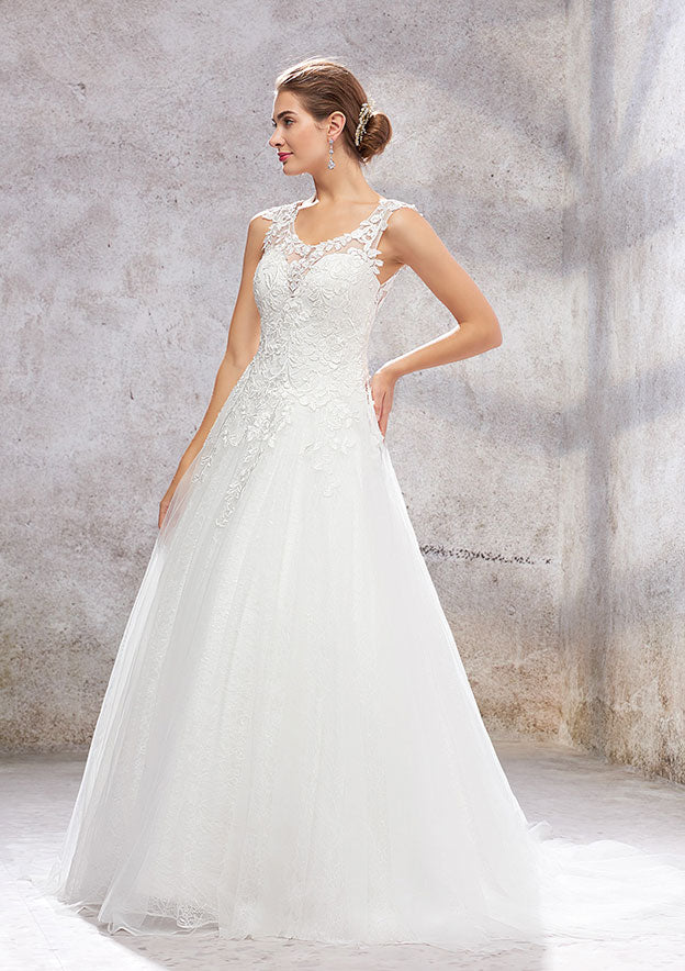 Classic Ball Gown Princess Scoop Neck Sleeveless Court Train Wedding Dress with Lace and Tulle BM bride