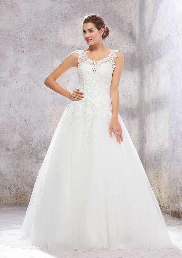 Classic Ball Gown Princess Scoop Neck Sleeveless Court Train Wedding Dress with Lace and Tulle BM bride