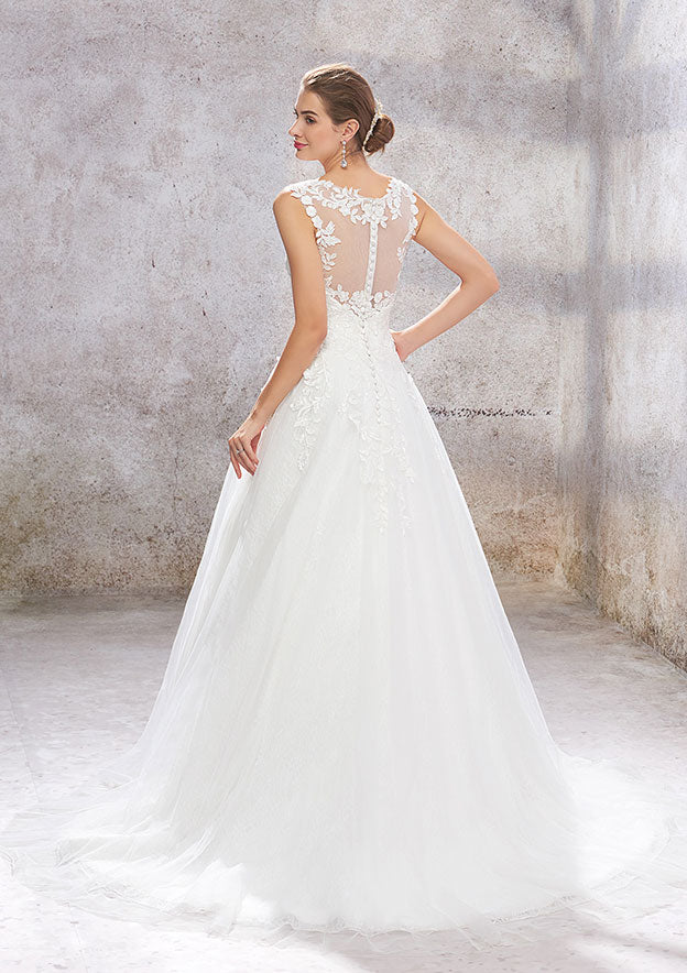 Classic Ball Gown Princess Scoop Neck Sleeveless Court Train Wedding Dress with Lace and Tulle BM bride