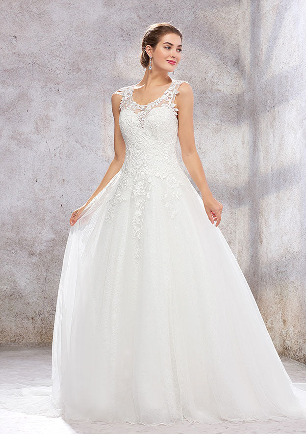 Classic Ball Gown Princess Scoop Neck Sleeveless Court Train Wedding Dress with Lace and Tulle BM bride