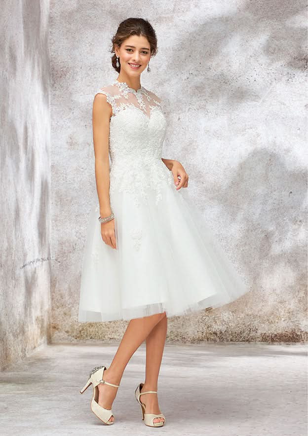 Elegant High-Neck A-Line Tulle Lace Wedding Dress with Sleeveless Design BM bride