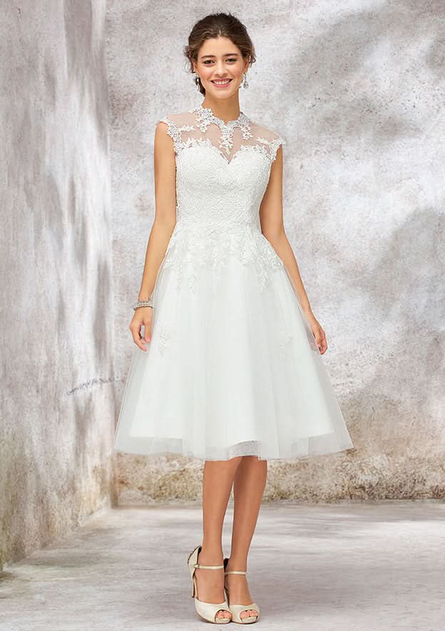 Elegant High-Neck A-Line Tulle Lace Wedding Dress with Sleeveless Design BM bride
