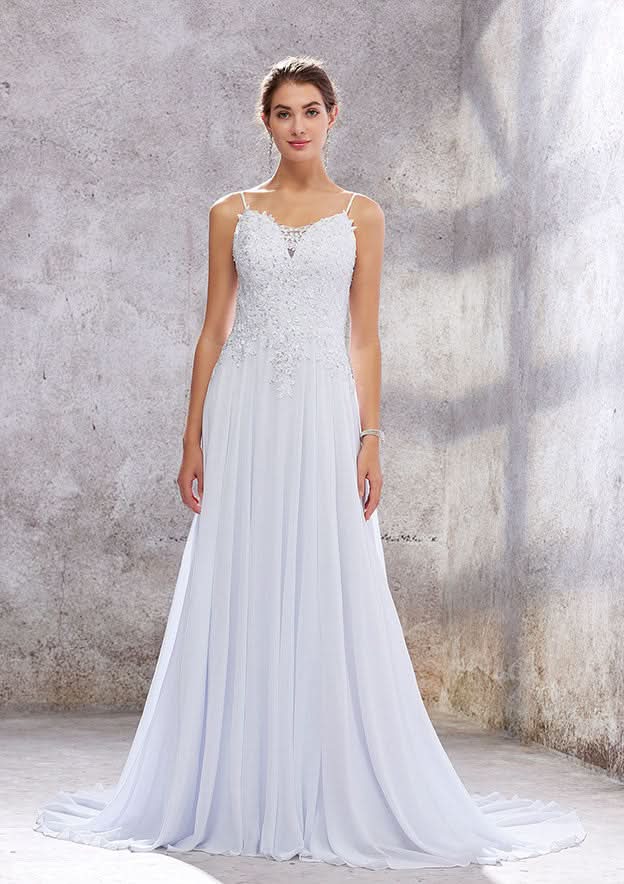 Classic A-Line Scalloped Neck Wedding Dress: Sleeveless with Court Train in Chiffon and Sequins BM bride