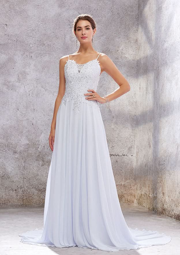Classic A-Line Scalloped Neck Wedding Dress: Sleeveless with Court Train in Chiffon and Sequins BM bride