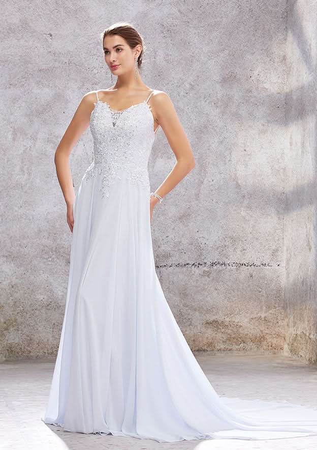 Classic A-Line Scalloped Neck Wedding Dress: Sleeveless with Court Train in Chiffon and Sequins BM bride
