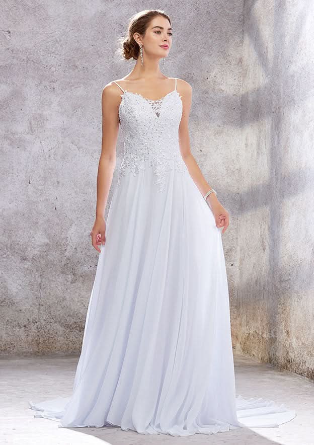 Classic A-Line Scalloped Neck Wedding Dress: Sleeveless with Court Train in Chiffon and Sequins BM bride