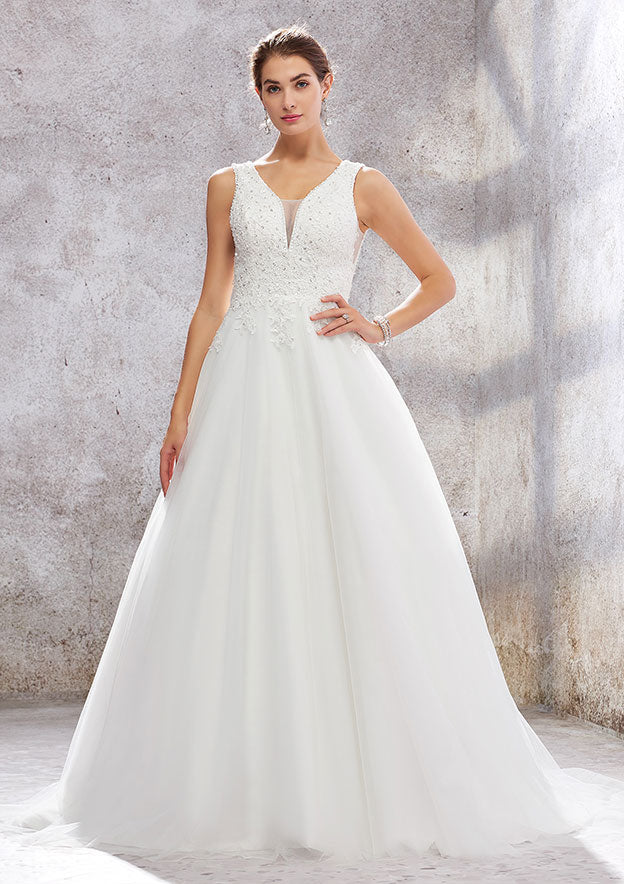 Timeless Ball Gown Princess V-Neck Satin Wedding Dress with Chapel Train and Lace Sequins BM bride