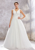 Timeless Ball Gown Princess V-Neck Satin Wedding Dress with Chapel Train and Lace Sequins BM bride