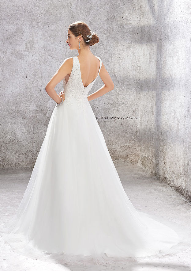 Timeless Ball Gown Princess V-Neck Satin Wedding Dress with Chapel Train and Lace Sequins BM bride